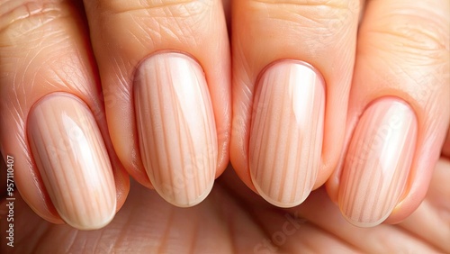 Vibrant close-up of healthy human fingernails showcasing natural curves, ridges, and subtle shine, with soft focus background highlighting delicate nail beds and cuticles. photo