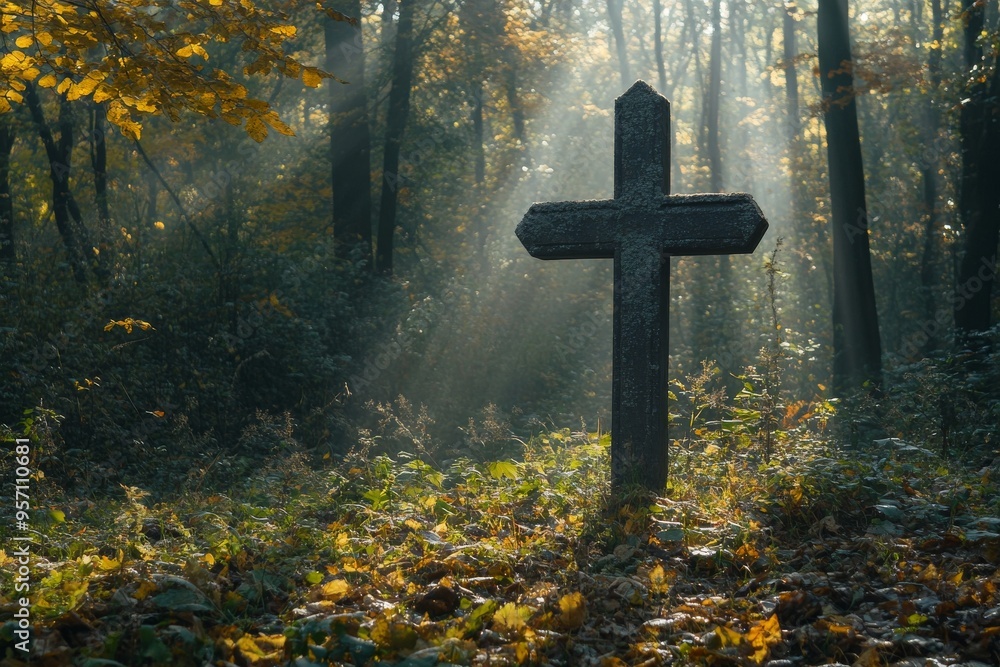 The cross of Christ is in an autumn forest tree, with rays of divine light emanating from it The cross of Christ is in an autumn forest tree, with rays of divine light emanating from it