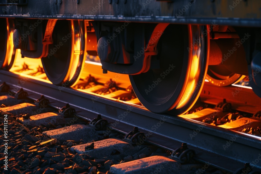 The glowing wheels of a moving train reflect intense, fiery light onto the track, highlighting the power and speed of the locomotive in the dark atmosphere. The glowing wheels of a moving train reflect intense, fiery light onto the track, highlighting the power and speed of the locomotive in the dark atmosphere.