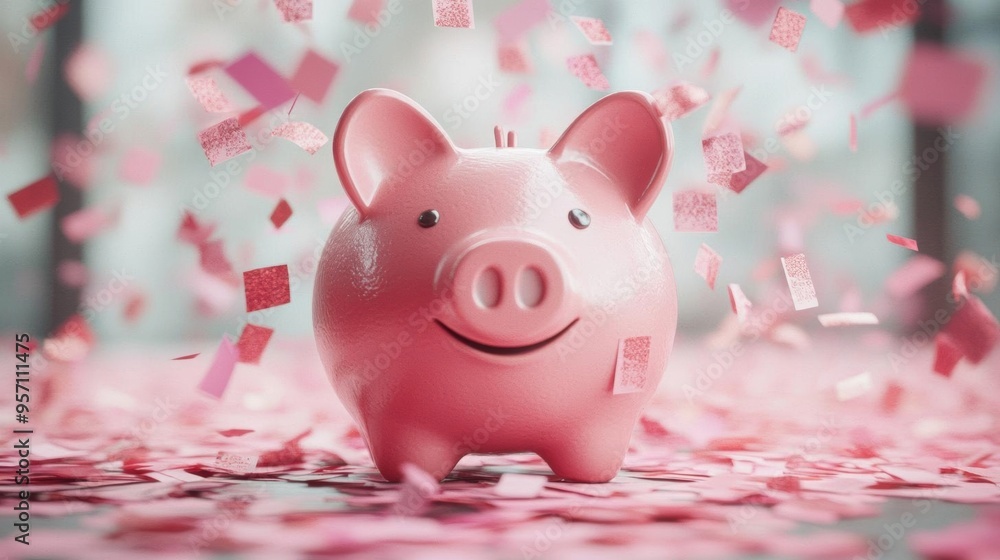 Pink piggy bank surrounded by confetti, symbolizing savings and financial success. Pink piggy bank surrounded by confetti, symbolizing savings and financial success.