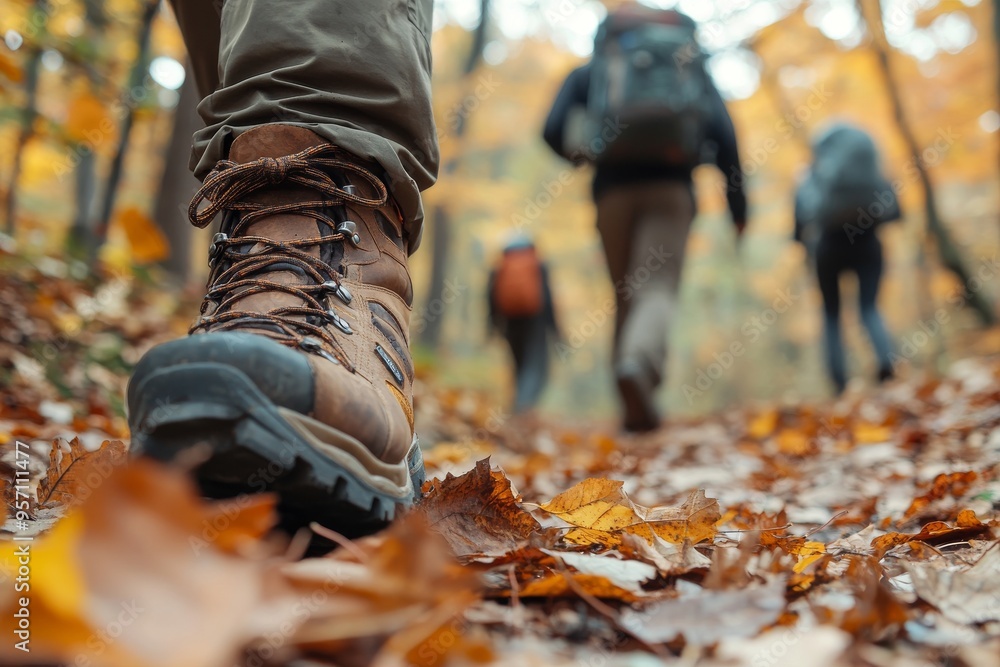 Traveling in a small group, tourists walk along the path of the autumn forest. Close up of their feet. Traveling in a small group, tourists walk along the path of the autumn forest. Close up of their feet.
