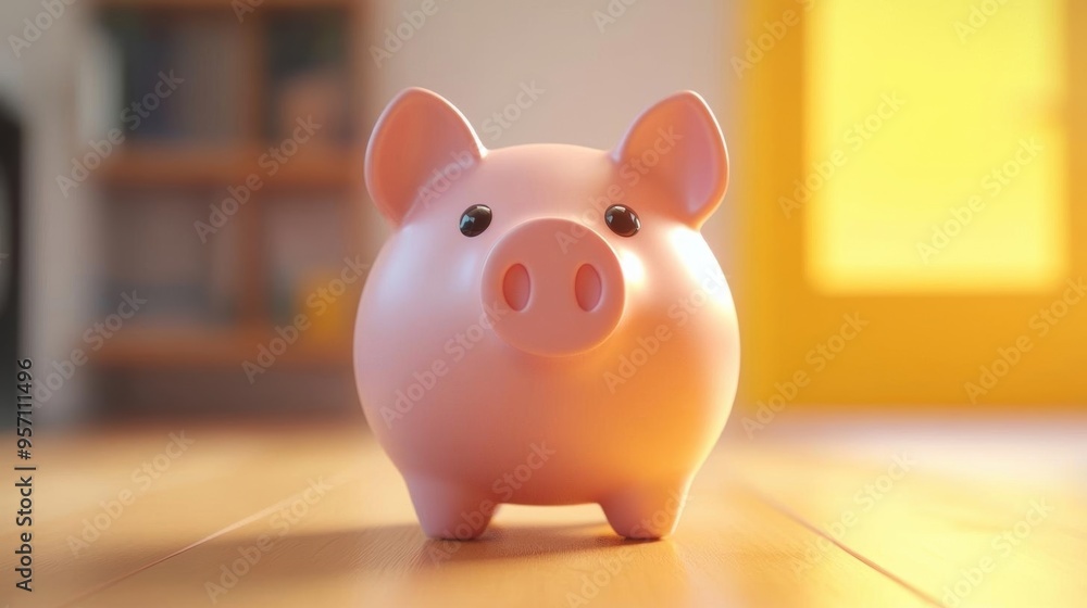 Pink piggy bank on wooden floor, representing savings and financial planning. Pink piggy bank on wooden floor, representing savings and financial planning.