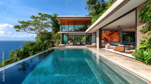 A high-end tropical villa with an infinity pool, open living spaces, and views of a clear blue sky and ocean