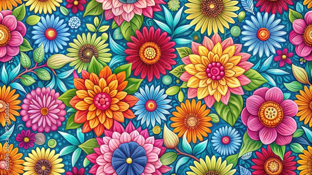 Vibrant colorful flowers bloom in a seamless repeat pattern, ideal for textiles, wallpaper, and craft projects, featuring stylized petals and intricate details in a whimsical design. Vibrant colorful flowers bloom in a seamless repeat pattern, ideal for textiles, wallpaper, and craft projects, featuring stylized petals and intricate details in a whimsical design.