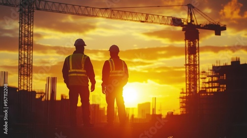 Sunset over a construction site, two workers in highvis gear, dramatic shadows, warm tones, hyperrealistic, cinematic scene ,