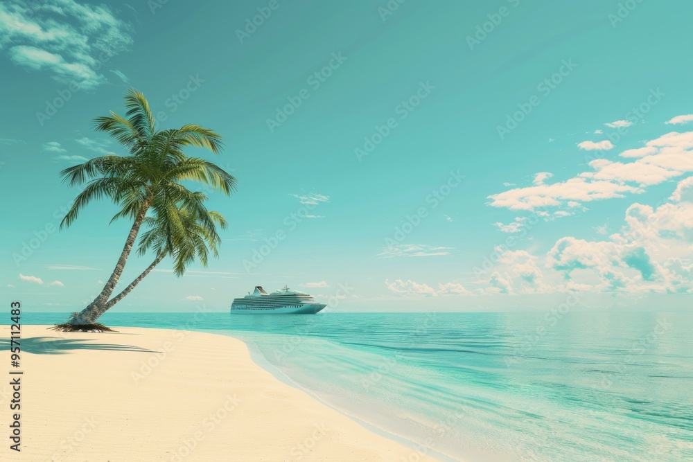 Obraz premium A serene beach scene with a leaning palm tree and a cruise ship in the tranquil turquoise waters under a clear sky.