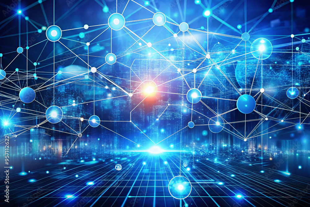 A futuristic digital network with glowing blue nodes connected by intricate lines, symbolizing data flow and technological connectivity in a vibrant, virtual environment A futuristic digital network with glowing blue nodes connected by intricate lines, symbolizing data flow and technological connectivity in a vibrant, virtual environment