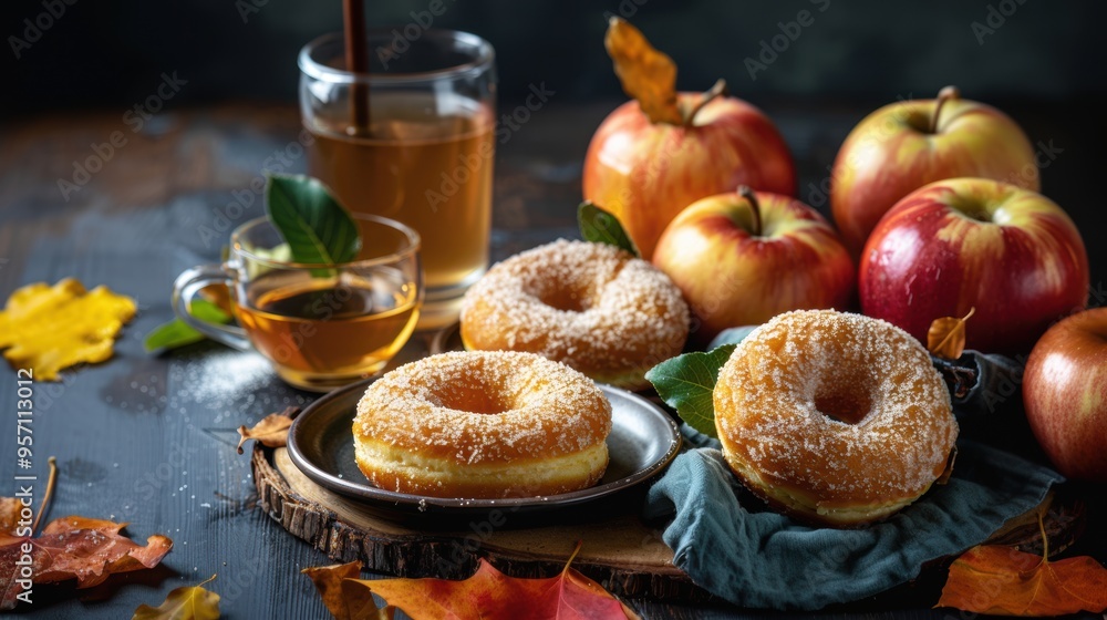Fresh apple juice cider in glass with apple fruit Fresh apple juice cider in glass with apple fruit