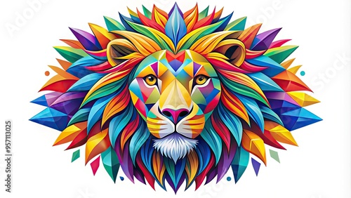 Vibrant, colorful illustration of a stylized lion's head with bold lines, geometric patterns, and abstract shapes, isolated on a white background in a modern vector design. photo