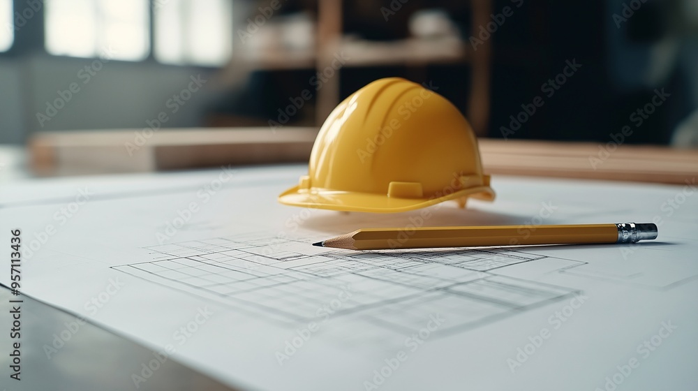Construction Blueprint: A yellow hard hat rests on a blueprint, alongside a sharpened pencil, symbolizing the meticulous planning and expertise involved in construction projects. Construction Blueprint: A yellow hard hat rests on a blueprint, alongside a sharpened pencil, symbolizing the meticulous planning and expertise involved in construction projects.