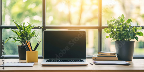 Wallpaper Mural Freelancer organizing schedule at cozy desk with laptop, coffee, plants. Natural light, modern design create bright workspace. Busy writing in notebook, using tech for efficient planning Torontodigital.ca