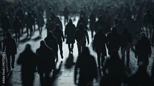 Crowd of sad identical silhouetted people walking