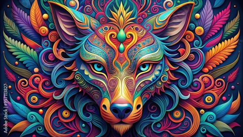 Vibrant colorful vector illustration of a fantastical animal head with intricate patterns, swirling shapes, and bold lines blending modern style with whimsical fantasy elements.