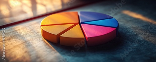 Colorful pie chart infographic with vibrant segments, representing data analytics, on a modern wooden surface under soft lighting. photo