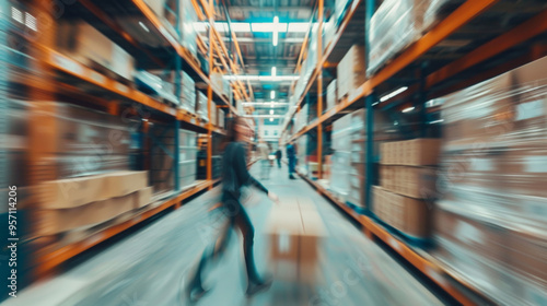 Blurred image of warehouse employees in action, moving shipment boxes efficiently photo