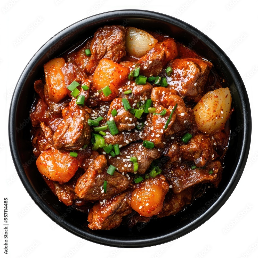 Beef and Potato Stew in a Black Bowl with Sesame Seeds and Green Onions Beef and Potato Stew in a Black Bowl with Sesame Seeds and Green Onions