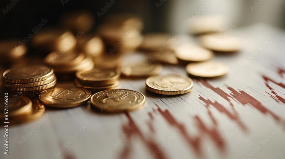 Gold coins scattered on a financial chart, representing wealth and investment. Gold coins scattered on a financial chart, representing wealth and investment.