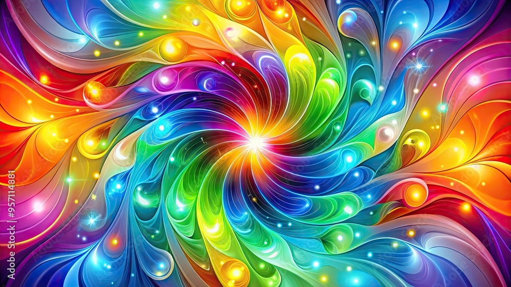 Obraz premium Vibrant rainbow-colored vectors swirl together in a mesmerizing dance, creating a kaleidoscope of colors and shapes that shimmer and shine against a bright white background.