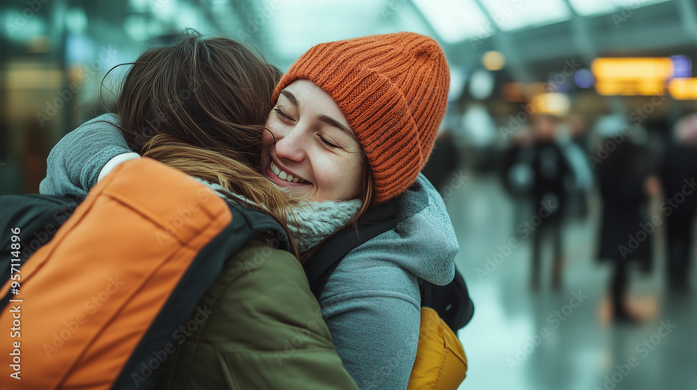 Heartwarming Reunion of Two Friends Embracing at Airport Terminal During Arrival Heartwarming Reunion of Two Friends Embracing at Airport Terminal During Arrival