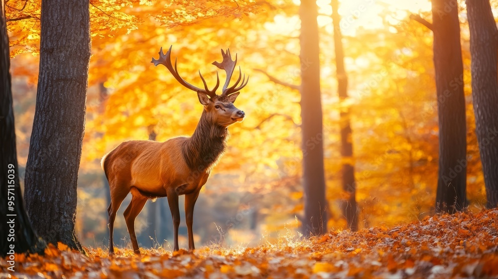 Fototapeta premium Autumn leaves highlight the confident stride of a reindeer as it stands in an idyllic autumn scene