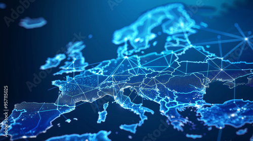 Abstract map of Western Europe, concept of data transfer and cyber technology