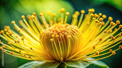 Vibrant, delicate yellow anther bursting with pollen, surrounded by soft, curved petals, against a blurred green background, showcasing intricate botanical details. photo