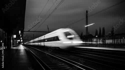 A train moving with motion blur and speed lines effects, in black and white style photo