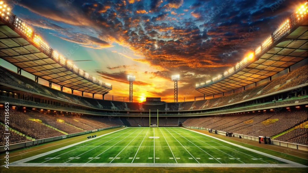 Vibrant evening scene of a massive outdoor American football stadium illuminated by towering light towers, casting a warm glow over the lush green field. Vibrant evening scene of a massive outdoor American football stadium illuminated by towering light towers, casting a warm glow over the lush green field.
