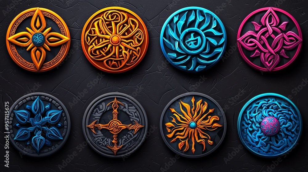 Colorful, intricate symbols arranged in a captivating pattern, showcasing a blend of artistic design and creativity. Colorful, intricate symbols arranged in a captivating pattern, showcasing a blend of artistic design and creativity.