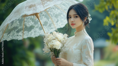 Beautiful young asian woman in white traditional cultural dress with umbrella background wallpaper AI generated image photo