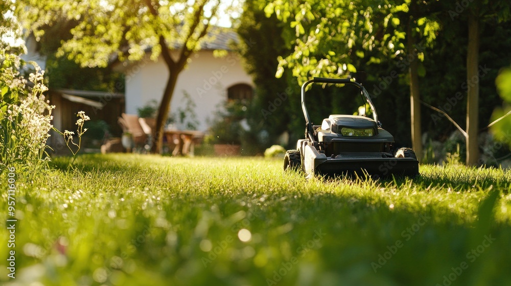 Lawn Mower in a Green Garden