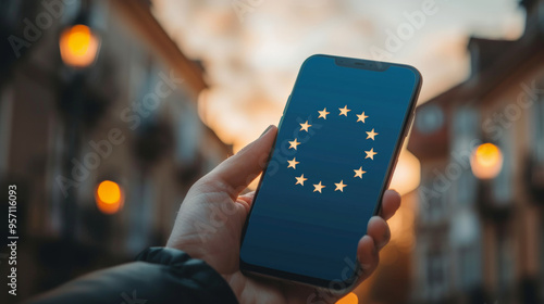 A phone in the hand,  with european union flag in the whole background