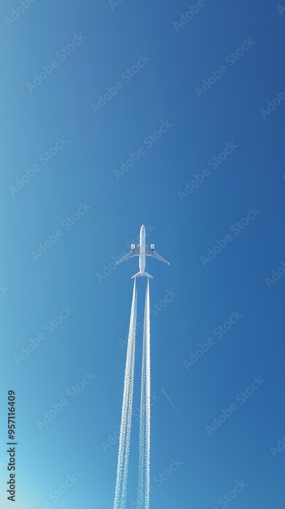 A jet plane flew through the air, with no clouds in the blue sky and white exhaust at the tail, forming a straight line shape. A jet plane flew through the air, with no clouds in the blue sky and white exhaust at the tail, forming a straight line shape.