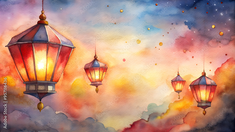 Obraz premium Colorful watercolor lanterns glowing in a dreamy sky background with copy space