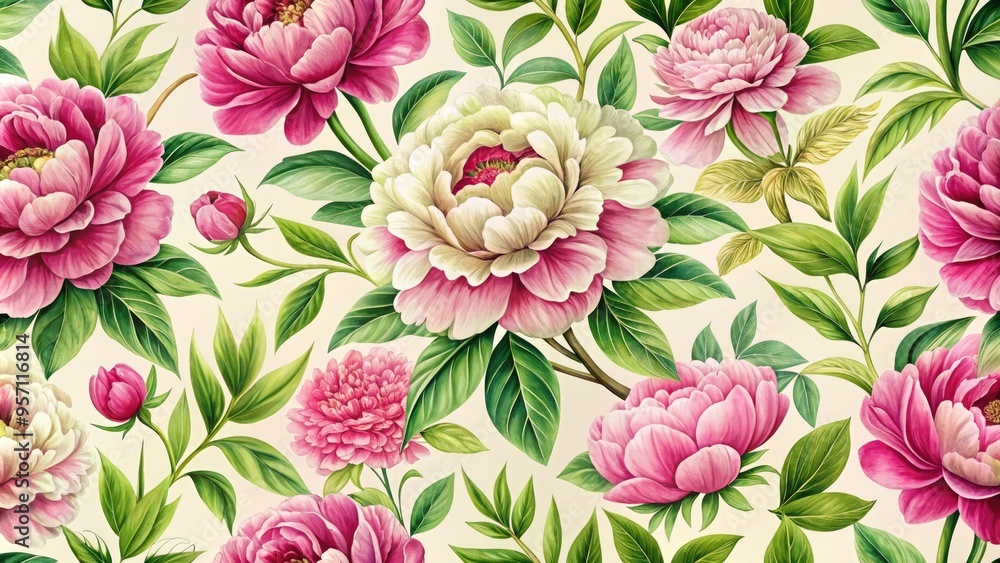 Vibrant floral pattern with blooming peonies and delicate leaves in shades of pink and green on a soft, creamy white background, perfect for wallpapers and fabrics. Vibrant floral pattern with blooming peonies and delicate leaves in shades of pink and green on a soft, creamy white background, perfect for wallpapers and fabrics.