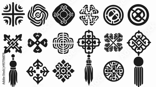Black and white vector celtic knot and tassel, traditional chinese textures, adinkra symbols, orthodox icons, slavic folklore symbols