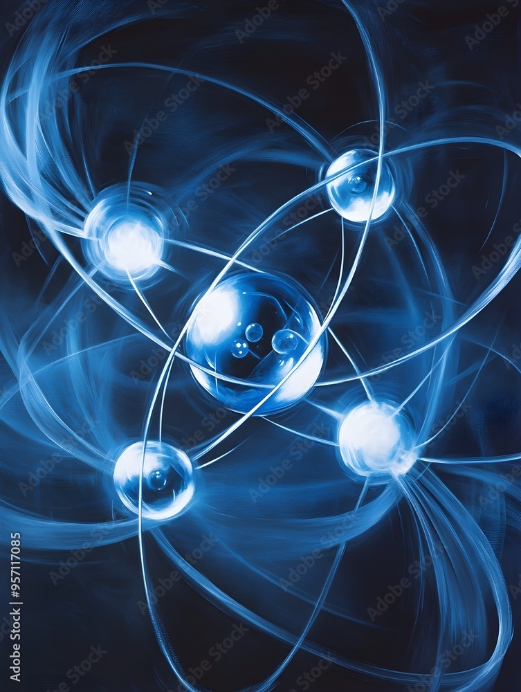 Microscopic View of Electrons A microscopic view of an atom, showcasing the blue and white electrons orbiting the nucleus Microscopic View of Electrons A microscopic view of an atom, showcasing the blue and white electrons orbiting the nucleus