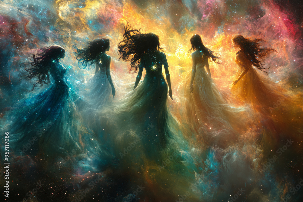 silhouette of women with long dresses and hairs in the space or magic dust silhouette of women with long dresses and hairs in the space or magic dust