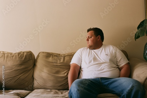 A man in a white t-shirt sits on a beige couch, gazing contemplatively at the blank wall, conveying a mood of introspection and solitude.