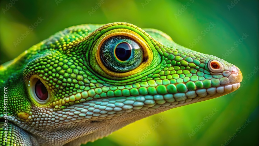 Fototapeta premium Vibrant green anole lizard's scaly skin and intricately patterned eyes are showcased in stunning detail against a blurred natural background in this extreme close-up shot.