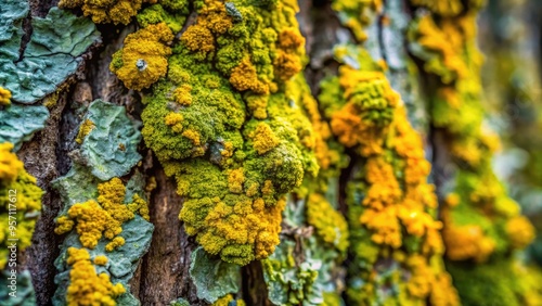 Vibrant green and yellow lichen grows in intricate patterns on ancient tree bark, showcasing nature's beauty in a mesmerizing, extreme close-up shot.