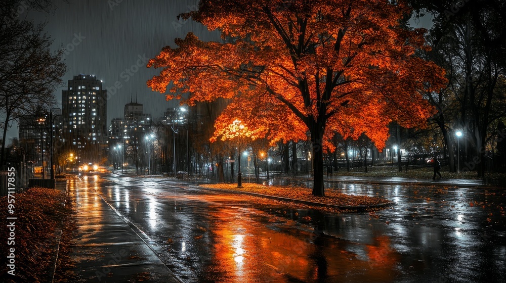 At twilight, a rainy cityscape with autumn trees and golden leaves swirling in the wind reflected in wet pavement with moody atmospheric lighting. At twilight, a rainy cityscape with autumn trees and golden leaves swirling in the wind reflected in wet pavement with moody atmospheric lighting.
