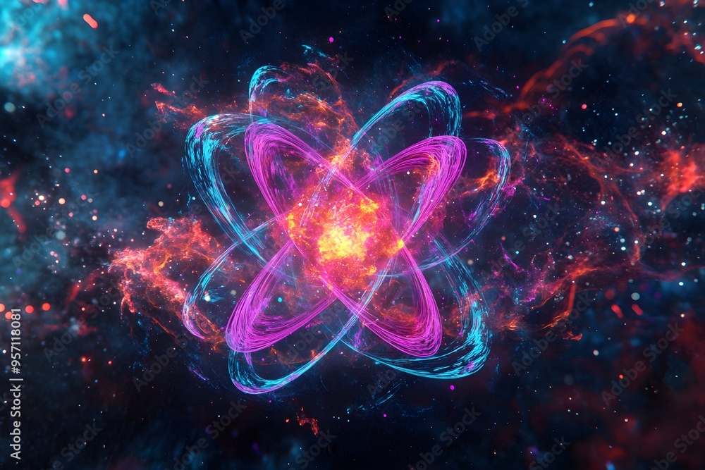 Neon Split Atom A close-up of an atom splitting, with neon pastel colors representing the energy released in the process Neon Split Atom A close-up of an atom splitting, with neon pastel colors representing the energy released in the process