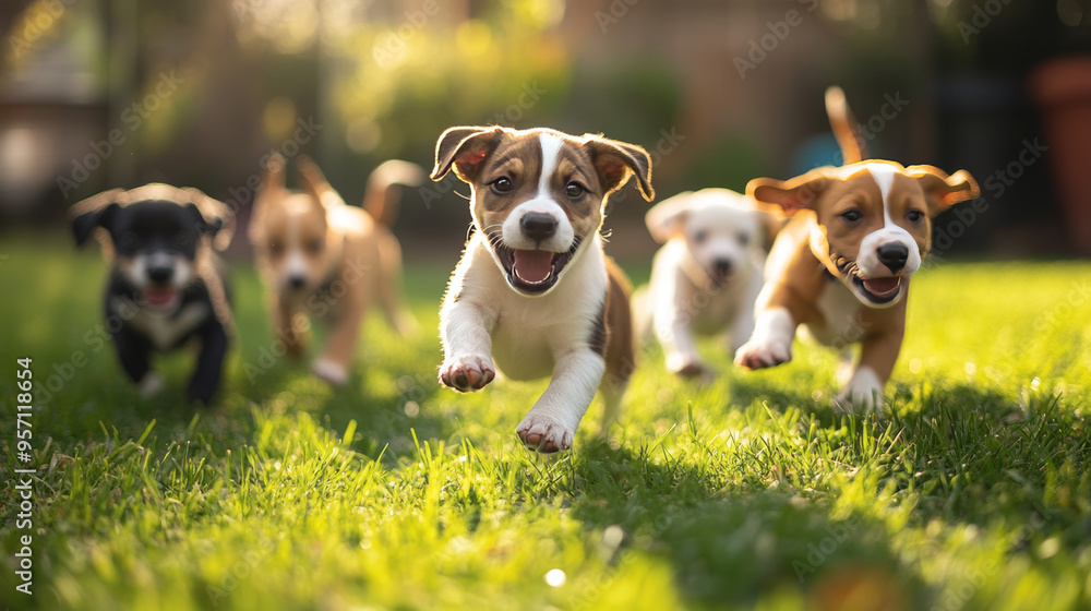 Adorable Puppies Running in the Grass Adorable Puppies Running in the Grass