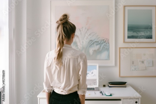 A woman with a ponytail stands at a white desk in a bright, minimalist room, absorbed in her work. Art and serene coastal images adorn the walls.