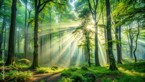 Vibrant green foliage and misty fog envelop a serene forest landscape, with sunbeams filtering through towering trees, creating a peaceful and mystical atmosphere.