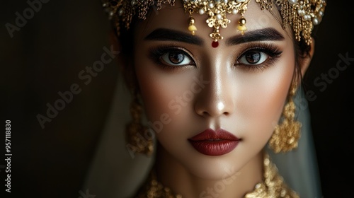 Beautiful female asian model with traditional bridal make up regional customs background wallpaper AI generated image photo