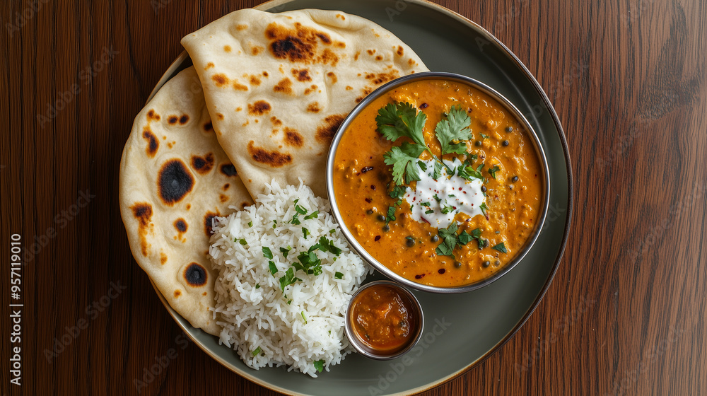flat lay of a curry dish with rice flat lay of a curry dish with rice