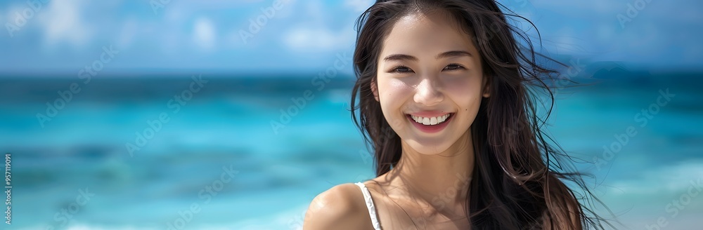 Smiling Woman with Freckles on Beach with Ocean View Smiling Woman with Freckles on Beach with Ocean View