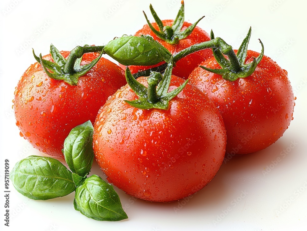 Fresh Ripe Tomato with Basil Sprig Isolated on White Background, Vibrant Colorful Food Photography Concept Fresh Ripe Tomato with Basil Sprig Isolated on White Background, Vibrant Colorful Food Photography Concept